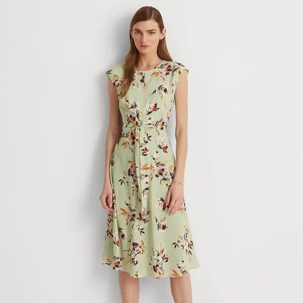 Lauren Ralph Lauren Mint Floral Tie-Front Midi Dress Size 2